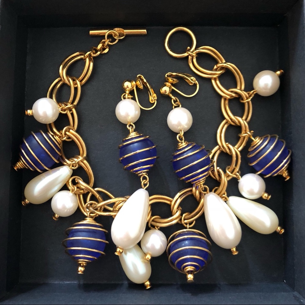 Gold blue pearl chain bracelet and earrings set